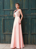 A-Line/Princess Scoop Beading Sleeveless Satin Floor-Length Dresses TPP0003534