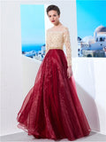 A-Line/Princess Sheer Neck Floor-Length Long Sleeves Applique Organza Dresses TPP0002909