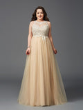 A-Line/Princess Scoop Rhinestone Sleeveless Long Net Plus Size Dresses TPP0002995