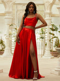 A-Line/Princess Silk like Satin Ruffles Spaghetti Straps Sleeveless Sweep/Brush Train Two Piece Dresses TPP0004876