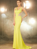 Trumpet/Mermaid V-neck Sleeveless Sweep/Brush Train Beading Spandex Dresses TPP0004146