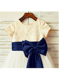 A-line/Princess Scoop Short Sleeves Bowknot Tea-Length Tulle Flower Girl Dresses TPP0007878