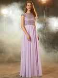 A-Line/Princess Scoop Short Sleeves Floor-Length Beading Chiffon Dresses TPP0003980