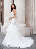 Trumpet/Mermaid Layers Spaghetti Straps Organza Sleeveless Sweep/Brush Train Wedding Dresses TPP0006650