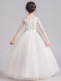 A-Line/Princess Lace Bowknot Scoop 3/4 Sleeves Floor-Length Flower Girl Dresses TPP0007506