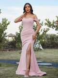 Sheath/Column Stretch Crepe Ruched Off-the-Shoulder Sleeveless Sweep/Brush Train Bridesmaid Dresses TPP0004910