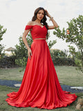 A-Line/Princess Silk like Satin Applique Off-the-Shoulder Sleeveless Sweep/Brush Train Two Piece Dresses TPP0001490