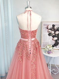 A-Line/Princess Sleeveless Tulle Halter Applique Sweep/Brush Train Dresses TPP0001509