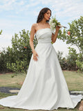 A-Line/Princess Satin Ruched Strapless Sleeveless Sweep/Brush Train Wedding Dresses TPP0007016