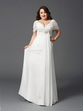 A-Line/Princess Off-the-Shoulder Ruched Short Sleeves Long Chiffon Plus Size Dresses TPP0001920