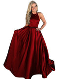 A-Line/Princess Halter Sleeveless Sweep/Brush Train Beading Satin Dresses TPP0002641