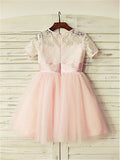 A-line/Princess Jewel Short Sleeves Lace Tea-Length Tulle Flower Girl Dresses TPP0007793