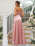 A-Line/Princess Silk like Satin Ruched V-neck Sleeveless Floor-Length Bridesmaid Dresses TPP0004934