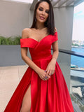 A-Line/Princess Sleeveless Off-the-Shoulder Satin Ruffles Sweep/Brush Train Dresses TPP0001373