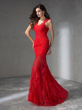 Trumpet/Mermaid V-neck Applique Sleeveless Long Satin Dresses TPP0003240