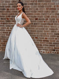 A-Line/Princess Satin V-neck Beading Sleeveless Court Train Wedding Dresses TPP0006109