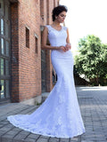 Trumpet/Mermaid V-neck Applique Sleeveless Long Satin Wedding Dresses TPP0006208