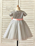 A-line/Princess Scoop Short Sleeves Sequin Tea-Length Tulle Flower Girl Dresses TPP0007726