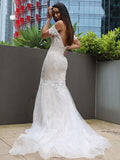 Trumpet/Mermaid Tulle Applique Off-the-Shoulder Sleeveless Sweep/Brush Train Wedding Dresses TPP0006311