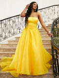 A-Line/Princess Satin Ruffles Strapless Sleeveless Sweep/Brush Train Dresses TPP0001617