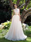 A-Line/Princess High Neck Beading Sleeveless Long Net Two Piece Dresses TPP0003150