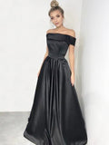 A-Line/Princess Off-the-Shoulder Sleeveless Sweep/Brush Train Ruffles Satin Dresses TPP0002225