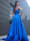 A-Line/Princess Silk like Satin Ruffles V-neck Sleeveless Sweep/Brush Train Dresses TPP0001680