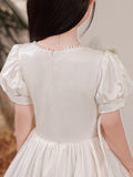 A-Line/Princess Satin Bowknot Sweetheart Short Sleeves Floor-Length Flower Girl Dresses TPP0007508