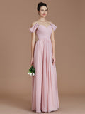 A-Line/Princess Off-the-Shoulder Sleeveless Ruched Floor-Length Chiffon Bridesmaid Dresses TPP0005324