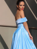 A-Line/Princess Satin Ruffles Off-the-Shoulder Sleeveless Sweep/Brush Train Dresses TPP0001503