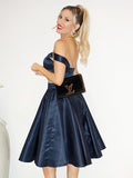 A-Line/Princess Satin Off-the-Shoulder Ruffles Sleeveless Tea-Length Two Piece Dresses TPP0004577