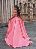 A-Line/Princess Satin Sleeveless Ruffles Off-the-Shoulder Court Train Dresses TPP0001402