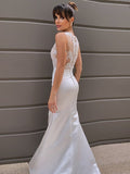 Trumpet/Mermaid Sleeveless Applique Scoop Satin Court Train Wedding Dresses TPP0006530