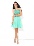 A-Line/Princess Sheer Neck Rhinestone Sleeveless Short Chiffon Two Piece Dresses TPP0008640