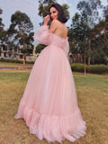 A-Line/Princess Long Sleeves Floor-Length Tulle Applique Off-the-Shoulder Dresses TPP0001440