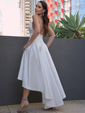 A-Line/Princess Satin Ruched V-neck Sleeveless Asymmetrical Wedding Dresses TPP0007019