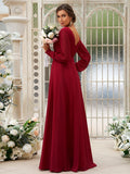 A-Line/Princess Chiffon Ruched V-neck Long Sleeves Floor-Length Bridesmaid Dresses TPP0004950