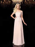 A-Line/Princess Bateau Beading Short Sleeves Long Chiffon Dresses TPP0003584