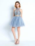 A-Line/Princess High Neck Sleeveless Beading Short/Mini Net Two Piece Dresses TPP0008477