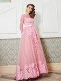 A-Line/Princess Scoop 3/4 Sleeves Floor-Length Applique Tulle Dresses TPP0003216