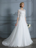 A-Line/Princess 1/2 Sleeves Scoop Lace Court Train Tulle Wedding Dresses TPP0006509