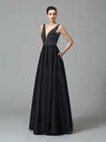 A-Line/Princess Straps Beading Sleeveless Long Taffeta Dresses TPP0003008