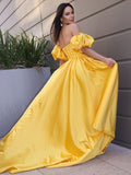 A-Line/Princess Satin Ruffles Off-the-Shoulder Short Sleeves Sweep/Brush Train Dresses TPP0004625