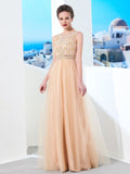 A-Line/Princess Scoop Sleeveless Floor-Length Beading Tulle Dresses TPP0003217