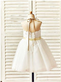 A-line/Princess Halter Sleeveless Tea-Length Sequin Tulle Flower Girl Dresses TPP0007786