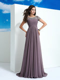 A-Line/Princess Sheer Neck Beading Short Sleeves Long Chiffon Dresses TPP0002078