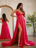 A-Line/Princess Silk like Satin Ruched V-neck Sleeveless Sweep/Brush Train Dresses TPP0001389