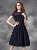 A-line/Princess Jewel Lace Short Sleeves Short Lace Dresses TPP0002731