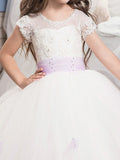 Ball Gown Jewel Short Sleeves Sash/Ribbon/Belt Floor-Length Tulle Flower Girl Dresses TPP0007727