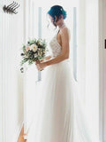 A-Line/Princess Lace Tulle Sleeveless Halter Floor-Length Wedding Dresses TPP0006596